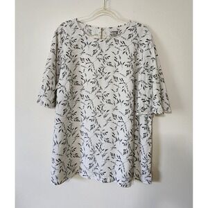 Flowy Ivory & Black Floral‎ Top Flutter Sleeves Vacation Spring Summer Size XXL
